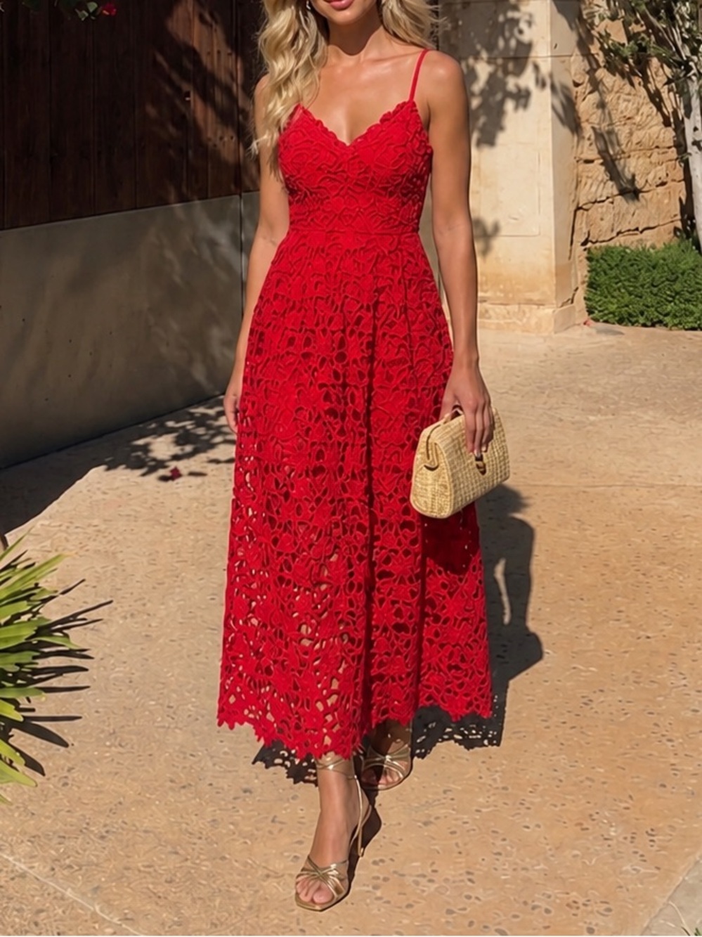 Red Lace Midi Dress XS – Wedding Guest, Cocktail, Pockets